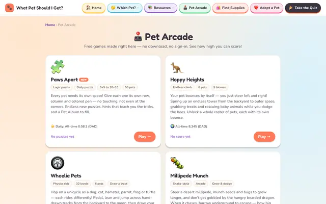 Screenshot of Pet Arcade | What Pet Should I Get?