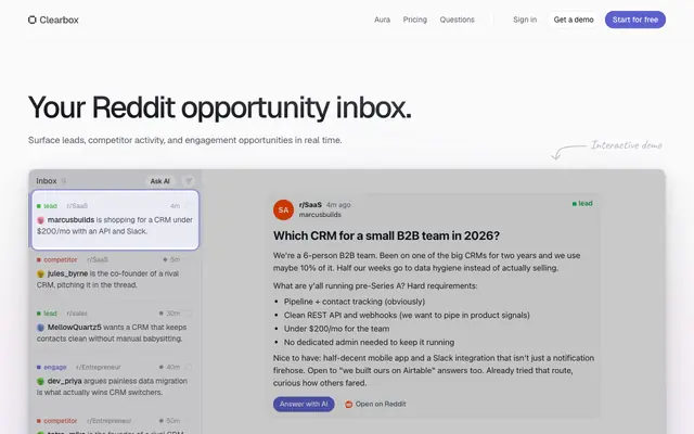 Screenshot of Clearbox — Your Reddit opportunity inbox