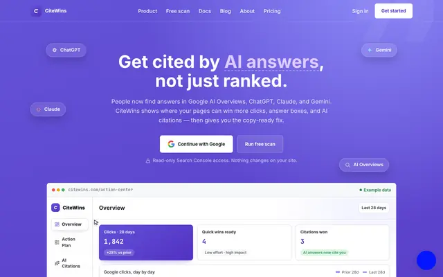 Screenshot of CiteWins — SEO Quick Wins, AEO & GEO From Search Console