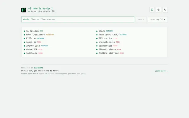 Screenshot of howismyip · multi-source IP intelligence