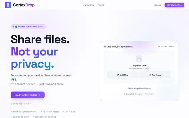 Screenshot of CortexDrop — Secure File Sharing via IPFS