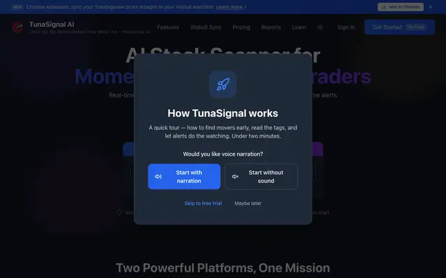 Screenshot of AI Stock Scanner & Trading Signals | TunaSignalAI