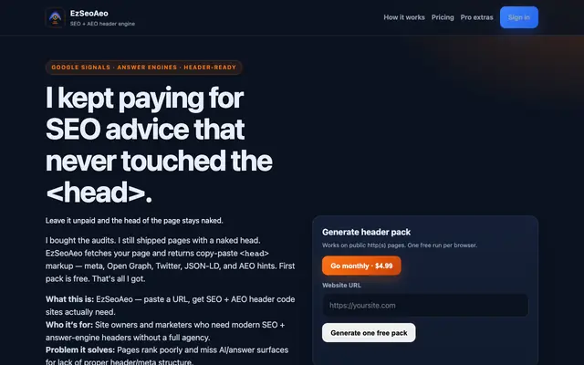 Screenshot of EzSeoAeo — Instant SEO + AEO Header Code for Any URL | Free First Pack