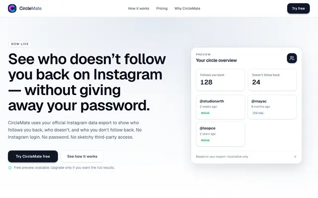 Screenshot of CircleMate — Follower clarity from your Instagram export