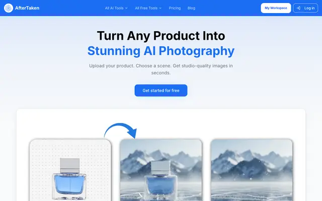 Screenshot of AfterTaken — AI Product Photography | Studio-Quality Photos