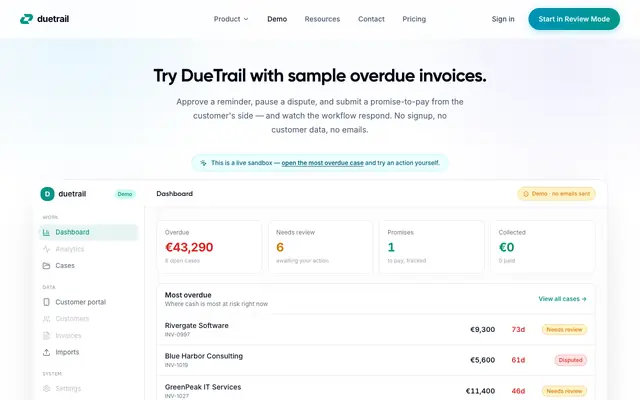 Screenshot of Interactive Demo: overdue-invoice collections in action