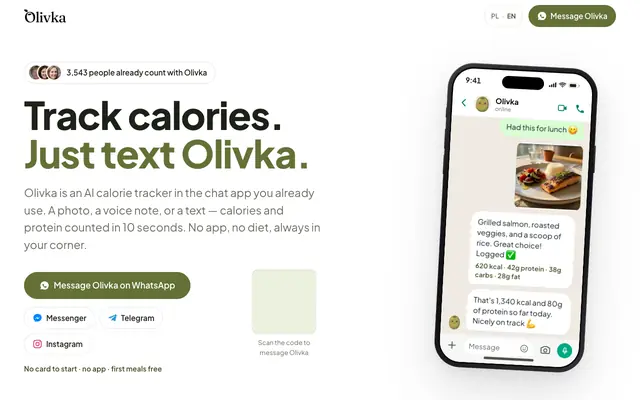 Screenshot of Olivka — AI calorie counter in chat. No app, no diet.