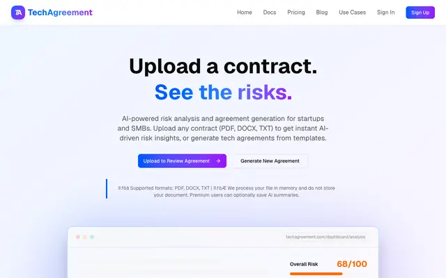 Screenshot of TechAgreement - AI Contract Review & Agreement Generator
