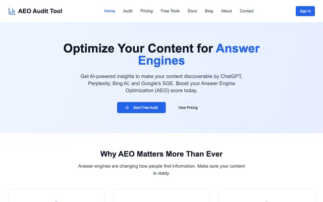Screenshot of AEO Audit Tool - Answer Engine Optimization Analysis | AEOAuditTool.com