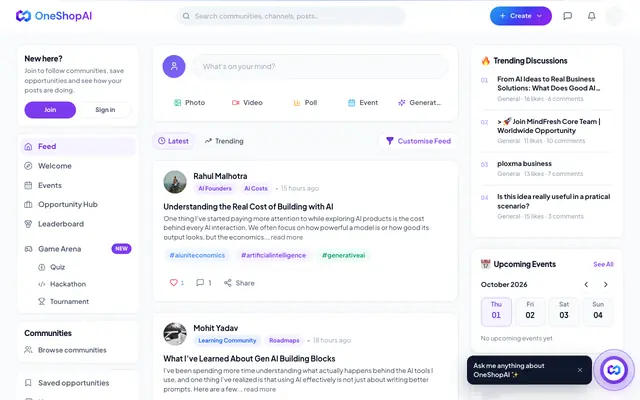 Screenshot of OneShopAI Community — AI tools, learning & discussion