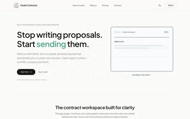 Screenshot of Facile Contracts — AI Proposal Generator for Freelancers in India