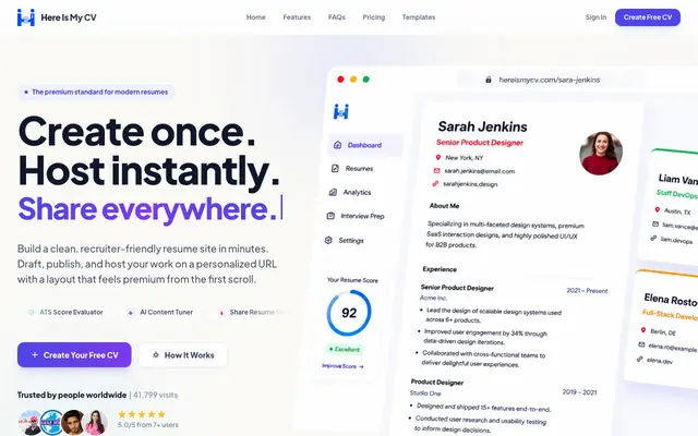 Screenshot of Free ATS-Friendly, AI Resume Builder | Download PDFs — Here Is My CV