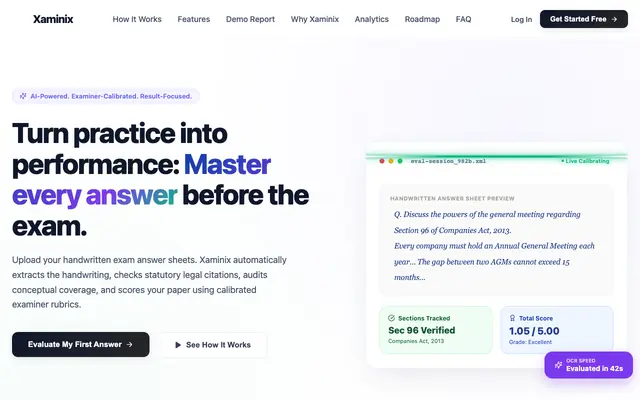 Screenshot of Xaminix — AI Answer Evaluation for CA, CS & CMA Students