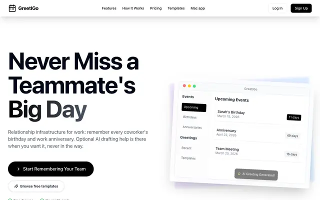 Screenshot of Work Birthday & Anniversary Reminders | GreetIGo