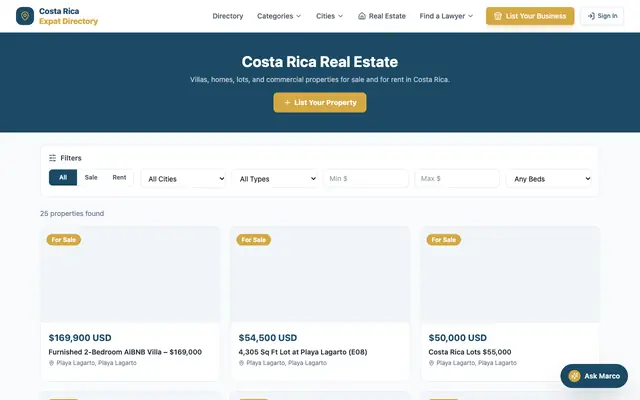 Screenshot of The Costa Rica Expats Business Directory.