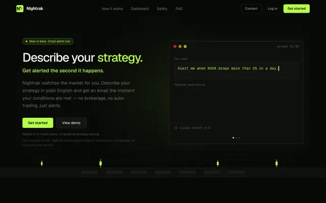 Screenshot of Nightrak — AI Trading Bot & Agent | Trades While You Sleep