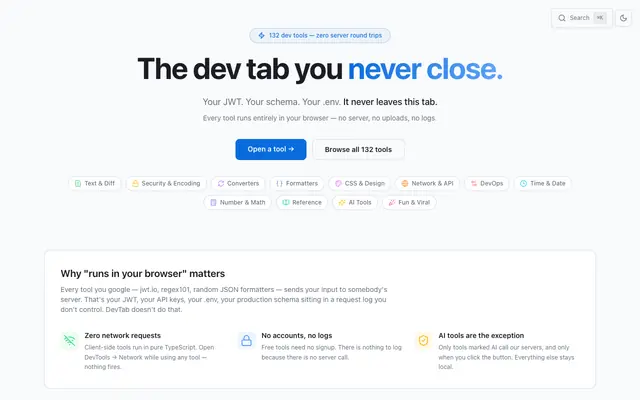 Screenshot of DevTab — 110 Free Dev Tools That Run in Your Browser