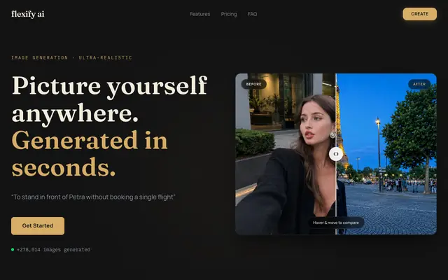 Screenshot of flexify ai — Picture yourself anywhere. Generated in seconds.