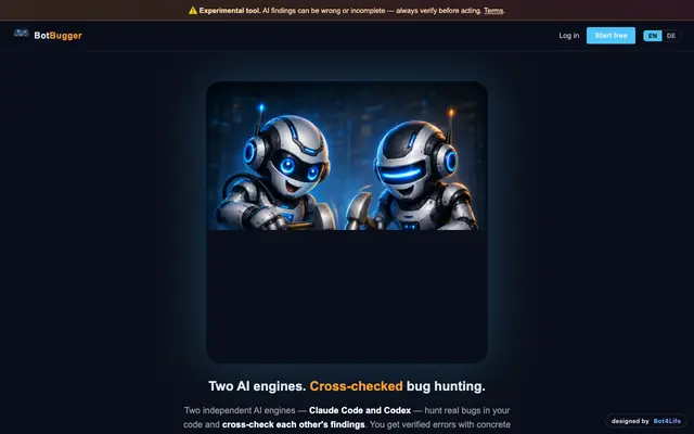 Screenshot of Botbugger — Two AI engines. Cross-checked bug hunting.