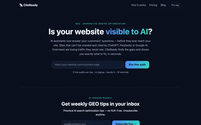 Screenshot of CiteReady — Free AI Search Readiness Audit (GEO Tool)