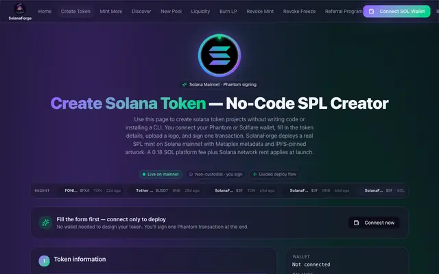 Screenshot of Create SPL Token on Solana Mainnet — SolanaForge