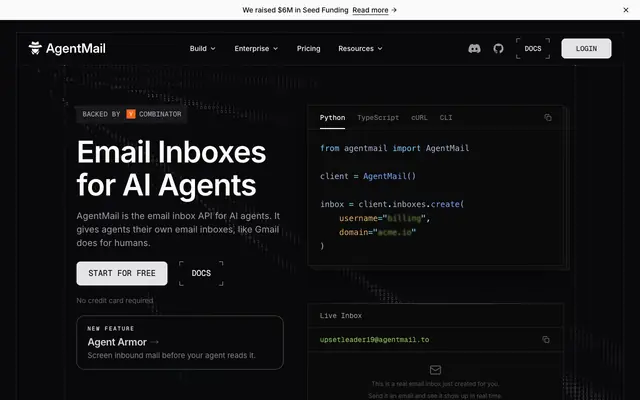 Screenshot of AgentMail | Email Inbox API for AI Agents