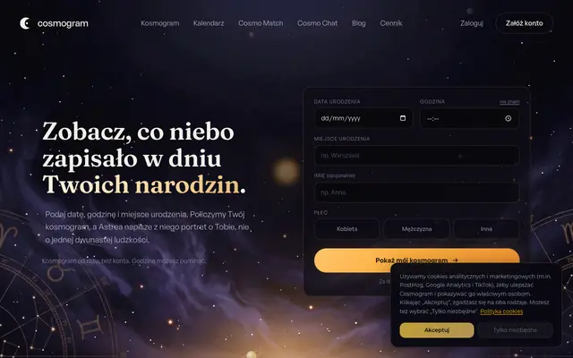 Screenshot of Cosmogram — Twój głęboki portret, odczytany z nieba