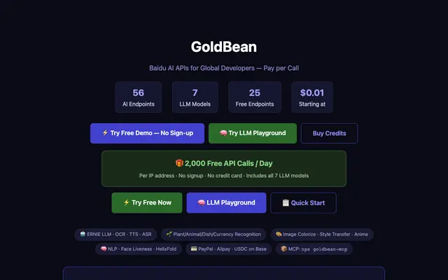 Screenshot of GoldBean — Pay-per-Use API Marketplace | 47 Endpoints