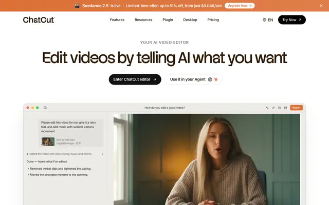 Screenshot of ChatCut · AI Video Editor | Edit Videos with Prompts