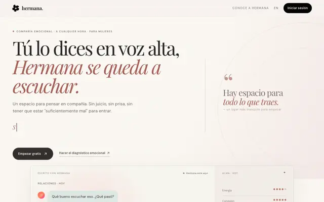 Screenshot of Hermana.io — Tu espacio seguro | Apoyo emocional para mujeres