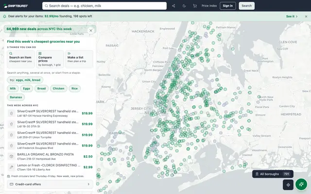 Screenshot of NYC Grocery Deals This Week — 690+ Stores, All 5 Boroughs | SwiftBurst
