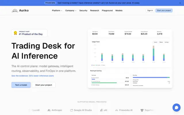 Screenshot of Auriko | One API for Every LLM, Zero Markup, Cache-Aware Cost Arbitrage