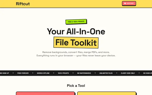 Screenshot of Riftcut — Free Private File Toolkit | Background Remover, PDF Tools