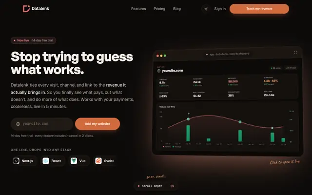 Screenshot of Datalenk · Revenue-first web analytics
