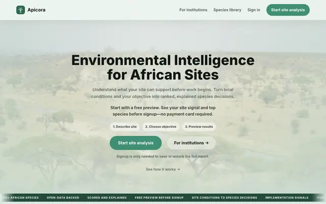 Screenshot of Apicora — Environmental Intelligence for Africa