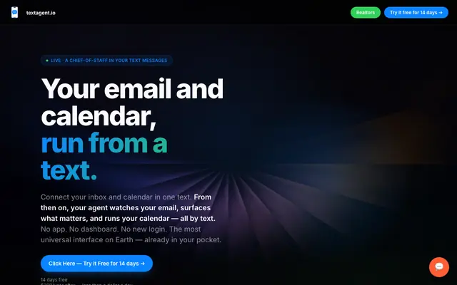 Screenshot of textmyagent.app — The future of AI is now just a text message.