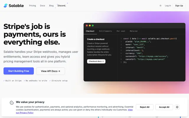 Screenshot of Salable | Hybrid billing built on your Stripe account