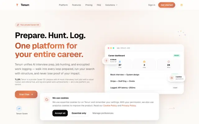 Screenshot of Tenurr | Career OS — Interview Prep, Job Hunting & Work Logging