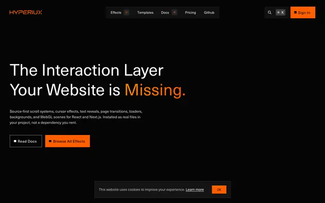 Screenshot of Hyperiux Vault - React & Next.js Interaction Effects.