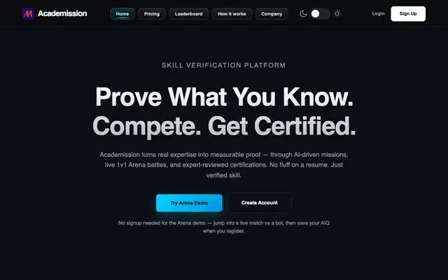 Screenshot of Academission — Skill Verification & Certification Platform