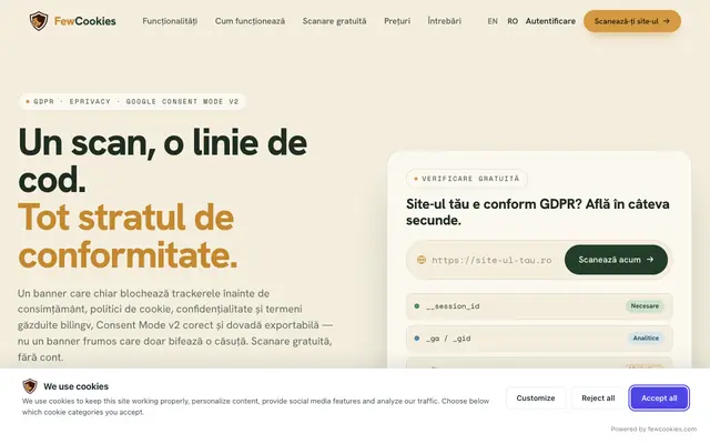Screenshot of GDPR Cookie Banner with Google Consent Mode V2 — FewCookies