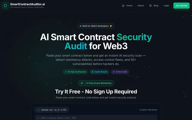 Screenshot of SmartContractAuditor.ai - AI Smart Contract Auditor | Solidity Security Scanner