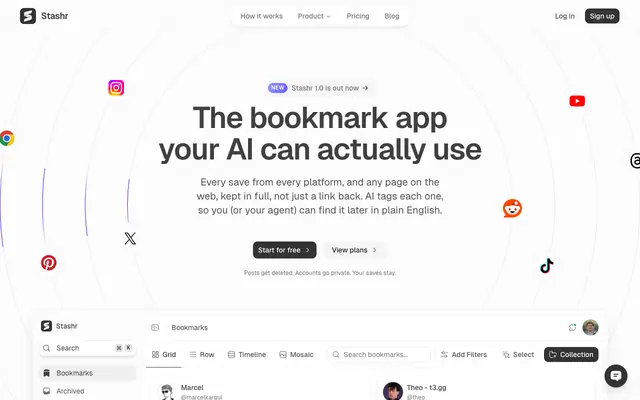 Screenshot of Stashr — The bookmark app your AI can actually use.
