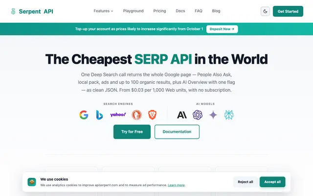 Screenshot of Cheapest Google SERP API & AI Rank Tracking from $0.03/10K