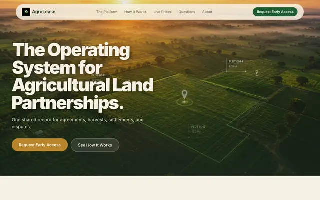 Screenshot of AgroLease - Live Crop Prices, Verified by Country
