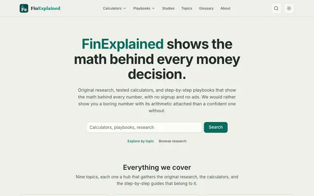 Screenshot of FinExplained: 97 Free Money Calculators, No Signup