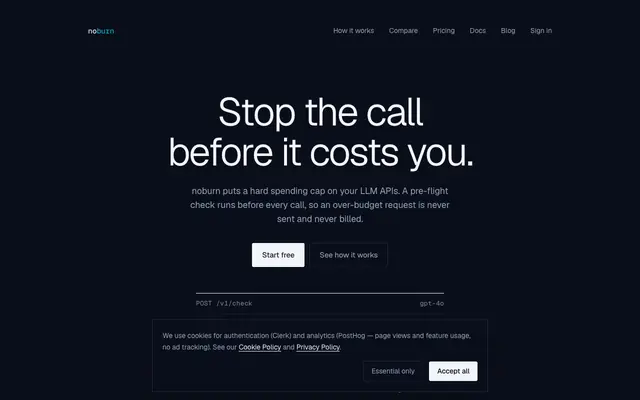 Screenshot of noburn.dev — Block costly AI agent calls before they happen