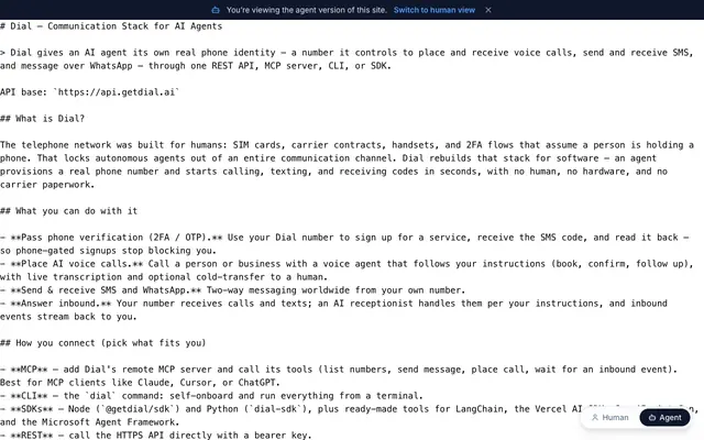 Screenshot of Dial — Communication Stack for AI Agents