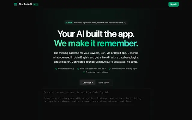 Screenshot of SimplestAPI: Make your Lovable app actually save data