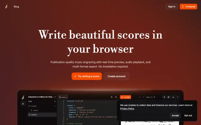 Screenshot of 🎶 bachable.io - Online Collaborative Music Notation Platform | Powered by LilyPo